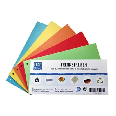 Immagine di Strisce divisorie, 100 pezzi, 5 colori: intense, 20 pezzi per colore, 24 x 10,5 cm, forate, 180 g/m², ordinare e separare documenti fino al formato DIN A4