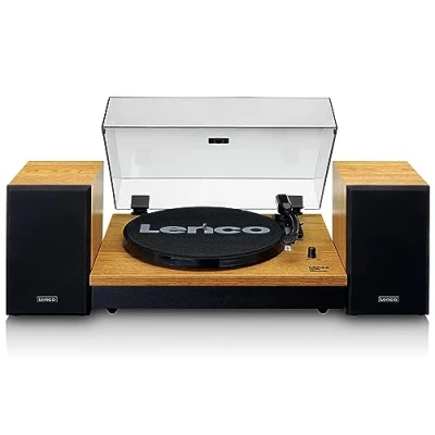 Immagine di Lenco LS300WD Giradischi stereo con altoparlanti, Bluetooth, Contrappeso regolabile, Trasmissione a cinghia, MMC, RCA, Arresto automatico, Cappuccio antipolvere, Colore Legno