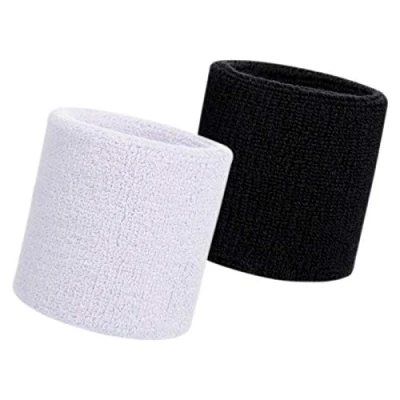 Immagine di HANERDUN Polsini per Fascia Sportivi Colorati in Cotone ad Alta Elasticità assorbenti dal Sudore Il Tennis Sport Basket Ginnastica 2Pz Nero Bianco