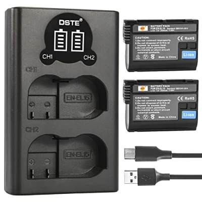 Immagine di DSTE EN EL15 Batteria ricaricabile (confezione da 2) e caricatore USB doppio LED intelligente compatibile con Nikon Z6 Z7 D500 D600 D610 D800 D850 D800E D750 D7000 D7100 D7200