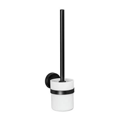 Immagine di WENKO Set WC Pavia colore Nero Static Loc Plus, portascopino igienico, fissaggio senza trapano, tenuta sicura mediante aderenza statica su superfici lisce ed impermeabili, acciaio opaco