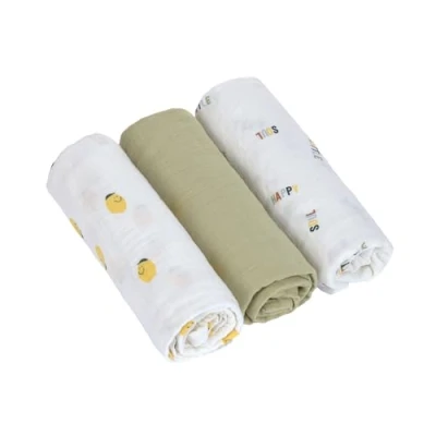 Immagine di LÄSSIG panno per ruttini neonati in mussola set di 3 cotone 85 x cm/Swaddle &amp; Burp Blanket L Happy Fruits Lemon