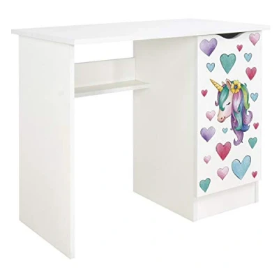 Immagine di leomark scrivania per bambini in legno 90cm x 50cm 77cm (LxPxA), set di mobili computer, scrittoio stile moderno, tavolo imparare e giocare, la camera dei bambini, Unicorno