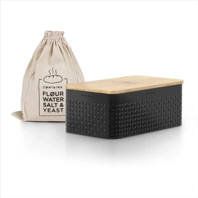 Immagine di LARS NYSØM Portapane con sacchetto per il pane incluso in lino I Cassetta freschezza particolarmente duratura Cestino coperchio bambù adatto come tagliere (Onyx Black)