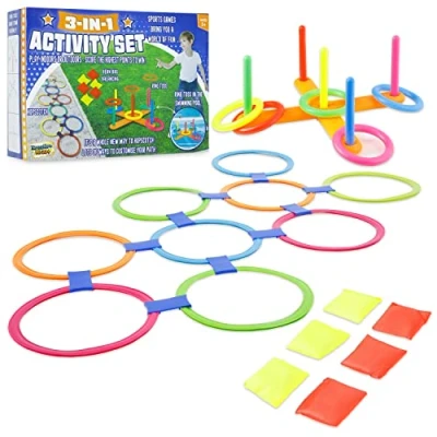 Immagine di Set di Giochi da Giardino 6 in 1 o 3 per Feste Compleanno Bambini Gioco Esterno Gruppo All&#039;Aperto Kit Psicomotricità Corsa con i Sacchi, Uovo e Cucchiaio (Multicolore 1)
