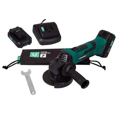 Immagine di VONROC Smerigliatrice angolare a batteria VPOWER 20V, disco 115mm. Include due batterie da 2.0Ah, caricabatterie, maniglia laterale, chiave inglese e sacca portautensili, abrasivo non incluso