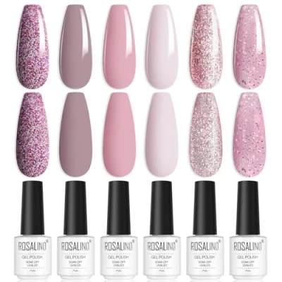 Immagine di ROSALIND Smalto Semipermanente Unghie, 6 Colori Glitter Rosa Viola Smalti Semipermanenti per Unghie Soak Off Gel UV Principianti Nail Art
