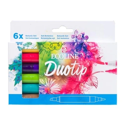 Immagine di Ecoline Duotip Pennarelli Liquidi per Acquerello Set di 6 Colori Botanici Penne con Pennino Fine e Scalpello Largo