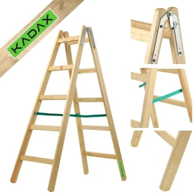 Immagine di KADAX Scala a Pioli Doppia in Legno di Pino Impregnato, Scaletta Pieghevole con Gancio Acciaio e Certificata EN 131, Fino 150 kg (5 Gradini)