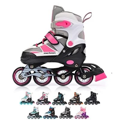 Immagine di meteor Pattini in Linea Bambini Gioventù Dimensione Regolabile Rollerblades Cuscinetti ABEC 7 Ruote PU (S, ROX Pink/Grey)