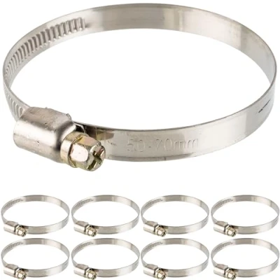 Immagine di Fascette stringitubo con attacco a vite, 8 pezzi, campo di serraggio Ø 50 70 mm, per tubi da 2 1/2&quot;, acciaio W2, fessura croce SW 7, larghezza banda 9 il fissaggio lavatrici