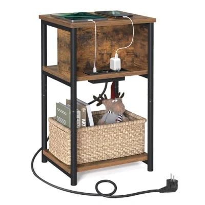 Immagine di VASAGLE Tavolini con Multipresa, Set di 2, Comodini 2 Prese AC e Porte USB, 30 x 34 58 cm, per Soggiorno, Camera da Letto, Marrone Vintage Nero LCT646B01