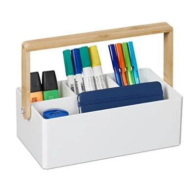 Immagine di Relaxdays Organizer con Manico in bambù, 4 Scomparti, Contenitore Portaoggetti Multiuso, HxLxP: 8,5 x 26 16 cm, Bianco, 70% plastica 30%