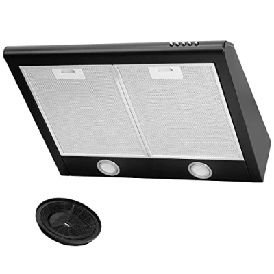 Immagine di cappa aspirante con filtro, aspirante, sottostrutto, aria di scarico/ricircolo, larghezza 60 cm, colore: nero, alloggiamento in acciaio inox, illuminazione a LED [classe energetica C]