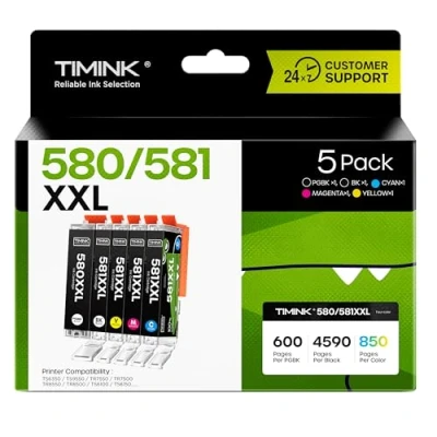 Immagine di Timink Cartuccia d&#039;inchiostro Compatibile Multipack per CANON PGI 580 CLI 581 Sostituzione con PIXMA TR7550 TR8550 TS6150 TS6250 TS6350 TS8150 TS8250 TS9550 TS705 (2N/1C/1M/1Y)