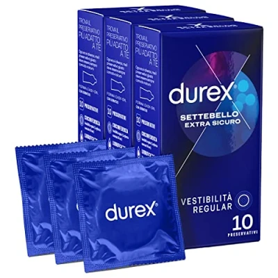 Immagine di Durex Settebello Extra Sicuro Preservativi Uomo in Lattice di Gomma Naturale Trasparenti ed Lubrificati Forma Easy On con Serbatoio Vestibilità Regular Spesso 3 Confezioni da 10 Profilattici