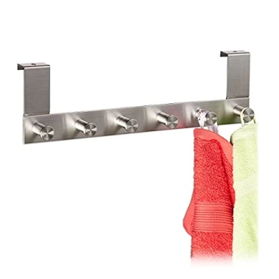 Immagine di Relaxdays Appendiabiti da Porta, Gancetti Sopraporta in Acciaio, 6 Ganci, Ante Spessore 1,8cm,da Appendere, Argento