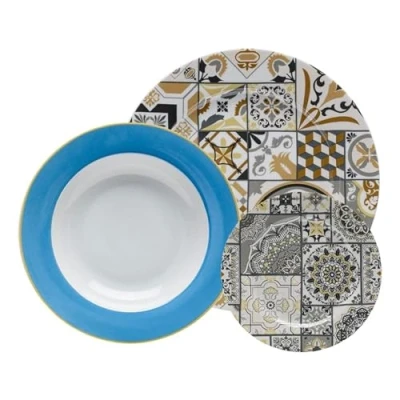 Immagine di Evviva Servizio Piatti, Set Piatti per 18 Persone, in Porcellana, 6 Piani + Fondi Dessert, Moderni e Colorati, Motivi Geometrici. Collezione: Ostuni