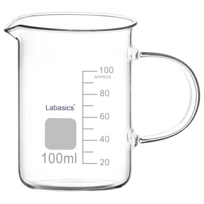 Immagine di Labasics Bicchiere di Vetro, G3.3 Graduato in Vetro Borosilicato da Laboratorio Misura Trasparente Forma Bassa Griffin con Manico e Beccuccio, 100 ml