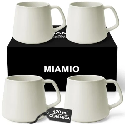 Immagine di MIAMIO Set di Tazze da Caffè (Set 4) / Grandi in Ceramica (420 ml) Tazza per Cappuccino, Tè, Espresso Adatto al Microonde e alla Lavastoviglie Collezione Luxe (Bianco)