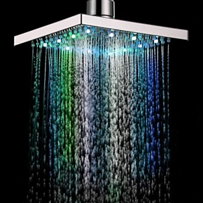 Immagine di soffione doccia a pioggia LED da 20,3 cm, girevole romantico, multicolore con luce fissa, senza bisogno di batterie, cambia colore, quadrato, cromato
