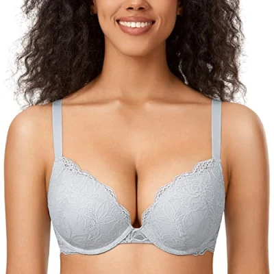 Immagine di DOBREVA Reggiseno Donna Push Up in Pizzo con Ferretto Imbottito Plunge a Coppe Modellate Grigio opalino 4C