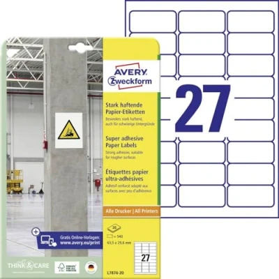 Immagine di Avery Zweckform L7874 20 Etichetta super resistente 63.5 x 29.6 mm Carta Bianco 540 pz. a tenuta permanente, forte Stampante getto dinchiostro,