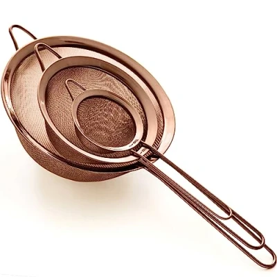 Immagine di Proto Future Set di 3 Setacci con Manico in Acciaio Inox 304 a Maglia Fine Alta Qualità Professionale Colini Scolapasta Multius o da Cucina Dimensioni 8.5/14/20cm Colore Rame