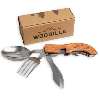 Immagine di posate da campeggio all&#039;aperto di Woodilla pieghevoli in acciaio inox e legno, coltello, forchetta, cucchiaio, apribottiglie, set 4 pezzi