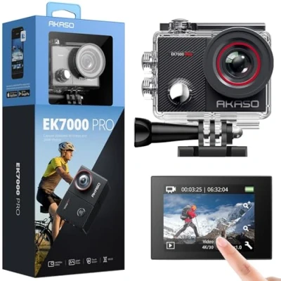 Immagine di AKASO EK7000 Pro Action Cam 4K 20MP WiFi, Fotocamera Subacquea 40M, Impermeabile Videocamera EIS Stabilizzazione con Touch Screen, Angolo Variabile, 2.4G Telecomando e Kit di Accessori