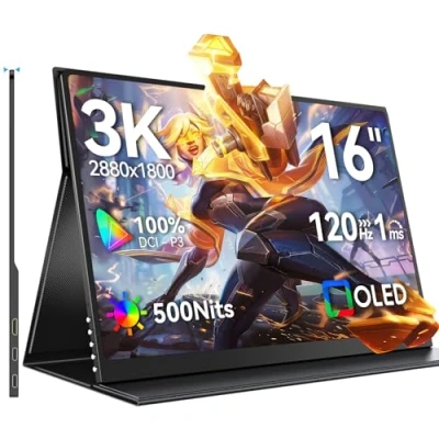 Immagine di Monitor Portatile OLED 3K 120Hz 16 Pollici con 100000:1 500 Nit 2880*1800 16:10 DCI P3 Schermo Mini HDMI USB C per PC Laptop Cellulare Console di Gioco, Alloggiamento in Metallo, Compatibile VESA