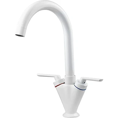 Immagine di Miscelatore rubinetto monoblocco a collo di cigno bianco per lavello da cucina, doppia leva, con beccuccio girevole 360 gradi, tubi fissaggio standard