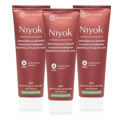 Immagine di Niyok® Dentifricio di olio cocco biologico &quot;Arancio sanguigno e basilico&quot; (3 x 75 ml) naturale per denti bianchi Cura intensiva freschezza Protegge le gengive Senza fluoro