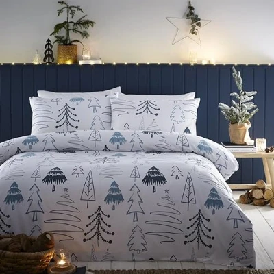 Immagine di Charlotte Thomas Set copripiumino per letto matrimoniale con alberi di Natale, colore: bianco