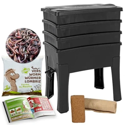 Immagine di Vermicompostaggio Worm Café, 3 vassoi I 1kg di Vermi Lombrichi / 2000 pz. Kit Completo Grande capacità 96 Litri