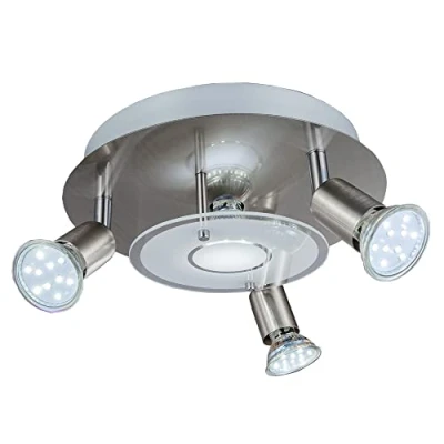 Immagine di B.K.Licht Plafoniera LED da soffitto, include 4 lampadine GU10 3W luce calda, Ø25cm, 1 faretto fisso 3 inclinabili, lampada moderna per interni, metallo e vetro, color nickel opaco 230V IP20
