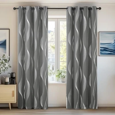 Immagine di Deconovo Set di 2 tende color argento, motivo linea oscurante, isolamento termico, anti freddo, soggiorno, balcone, tenda con occhielli, 117 x 229 cm, colore: grigio chiaro
