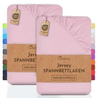 Immagine di NatureMark, confezione da 2 lenzuoli con angoli in jersey, disponibili molte misure e colori. Qualità certificata Öko Tex Standard 100, 100% cotone, Rosa, 2er Pack 90x200 100x200 cm