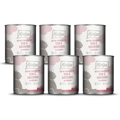 Immagine di MjAMjAM Cibo umido premium per gatti DUO di gustoso manzo e coniglio su carote, confezione da 6 (6 x 800g), senza cereali con carne extra