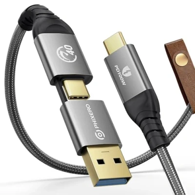 Immagine di PHIXERO Cavo per Thunderbolt 4 con 40 Gbps/Video 8K a 60 Hz/Ricarica 100 W multiplo da USB C 0,5M 2 in 1 Compatibile 4, 3, MacBook, Docking, eGPU