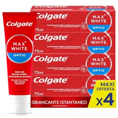 Immagine di Colgate Dentifricio Sbiancante Max White Optic 4 Confezioni da 75 ml I Clinicamente Provato per Rimuovere Fino al 100% delle Macchie Superficialil denti più bianchi Sbiancamento istantaneo