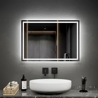 Immagine di EMKE specchio da bagno con illuminazione 50 x 70 cm, interruttore a levetta + antiappannamento+2 colori luce bianco caldo/bianco freddo, orizzontale/verticale LED