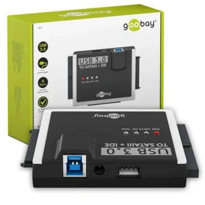 Immagine di goobay Adattatore SATA per hard disk USB 3.0 e IDE/USB HDD &amp; SSD/incl. cavo da a B alimentatore 12 V 2 A/disco rigido esterno / 72013