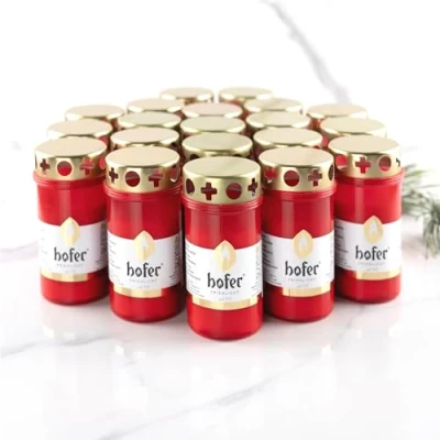 Immagine di HOFER Set di 10 Candele per tomba, piccole con coperchio [rosso] da 46 a 54 ore, durata combustione funebre cimitero tombali