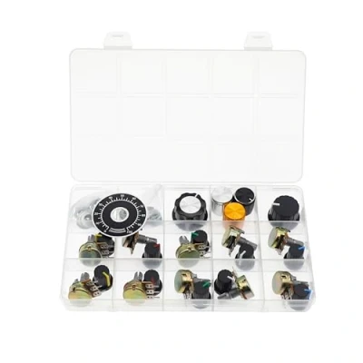 Immagine di (Confezione di 10) WH148 Potenziometro orizzontale a singolo giro 3 pin B100R 100 Ohm Resistori variabili Albero zigrinato da 15 mm Cappucci manopola in lega alluminio