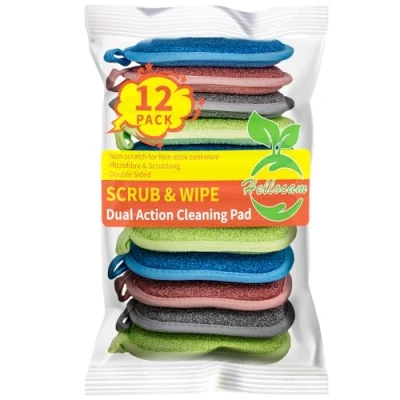 Immagine di Spugna Piatti lavabile Cucina AntiGraffio Abrasiva Con 2X Extra Resistente Anti Grasso Fibra e microfibra, Antibatterico per Antiaderente Padelle, efficacia pulente, 12 Spugna.