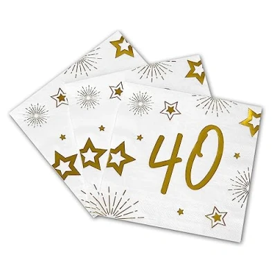 Immagine di Tralala Fêtes® Set di 16 tovaglioli usa e getta in carta a triplo spessore decorazione festiva bianco oro (oro) 33 x cm aperti (40 anni)