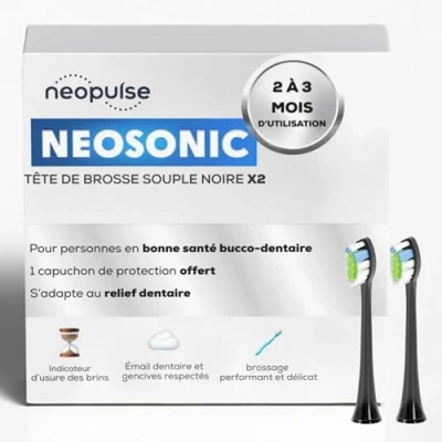 Immagine di NEOPULSE® Set di 2 ricariche testine morbide nere in nylon per spazzolino elettrico sonico NEOSONIC® Compatibile con NEOKIDS® 3D: fili corti e lunghi Indicatore usura