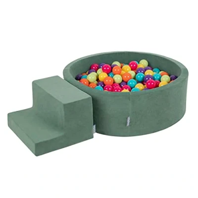Immagine di KiddyMoon Area di Gioco in Schiuma con Tondo Piscina Palline per Bambini (200 Palline) + Gradini, Verde del Bosco: Chiaro/Giallo/Turchese/Arancione/Rosa Scuro/Viola