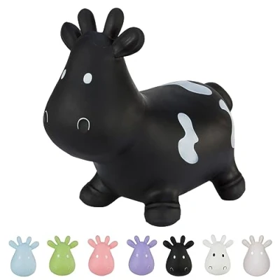 Immagine di Hoppimals Space Hopper Mucca Gonfiabile per Bambini di età Pari o Superiore a 12 Mesi Imballo con Confezione Regalo, Pompa Inclusa Cavalcabile Bambino, Palla rimbalzante Nera